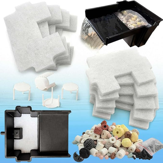 18PCS Upgraded Pond Waterfall Spillway Filter Media, 9* Pond Filter Pads + 500g Ceramic Rings+8 Bracket, Fish Filtration Durable Foam Mat for 8-Inch Waterfall Box