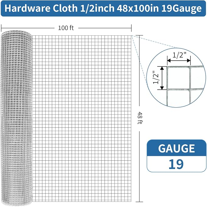 Zevemomo Hardware Cloth 1/2 Inch 48in X 100ft- Hot Dip Galvanized After Welding Wire Mesh Roll, 19 Gauge Chicken Wire Fencing for Garden Fencing Chicken Coop Wall Decoration Tree Guard Hardware Mesh