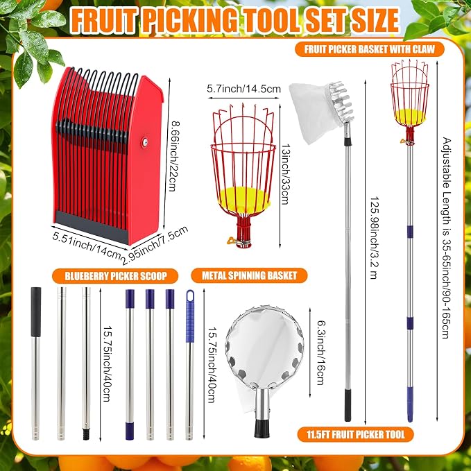4 Pack Fruit Picker Pole Tools 11.5 ft Fruit Picker Pole with Basket Telescoping and 35-63 Inch Adjustable Apple Picking Tool Berry Rake Scoop and Storage Bag for Mango Lemon Orange Avocado