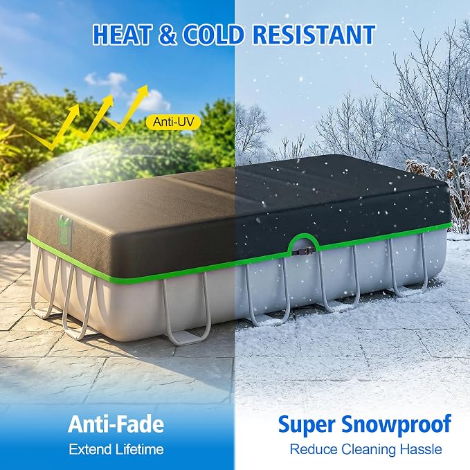 9x18 ft Rectangular Pool Cover for Above Ground Pools, 420D Rectangle Solar Pool Cover with Sturdy Strap Tensioner & Reflective Handles, Enhance Windproof, Tear & UV Resistant, Weather Protection