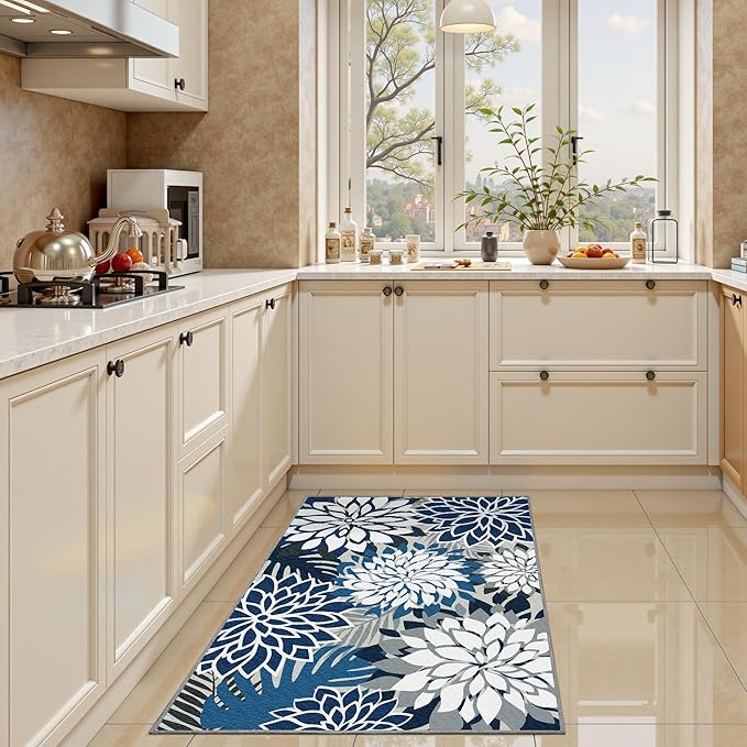 Arenarug 2x3 Washable Small Rug Tropical Botanical Modern Floral Indoor Chenille Door Mat Carpet Non Slip for Patio, Entry Way, Entrance, Porch, Blue