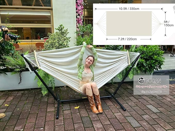 GOCAN Double Hammock 2 Person Extra Large 86inx59in Total Length 129in Load 500lb Canvas Cotton Hammock for Patio Porch Garden Backyard Lounging Outdoor and Lndoor with Removable Spreader Bar
