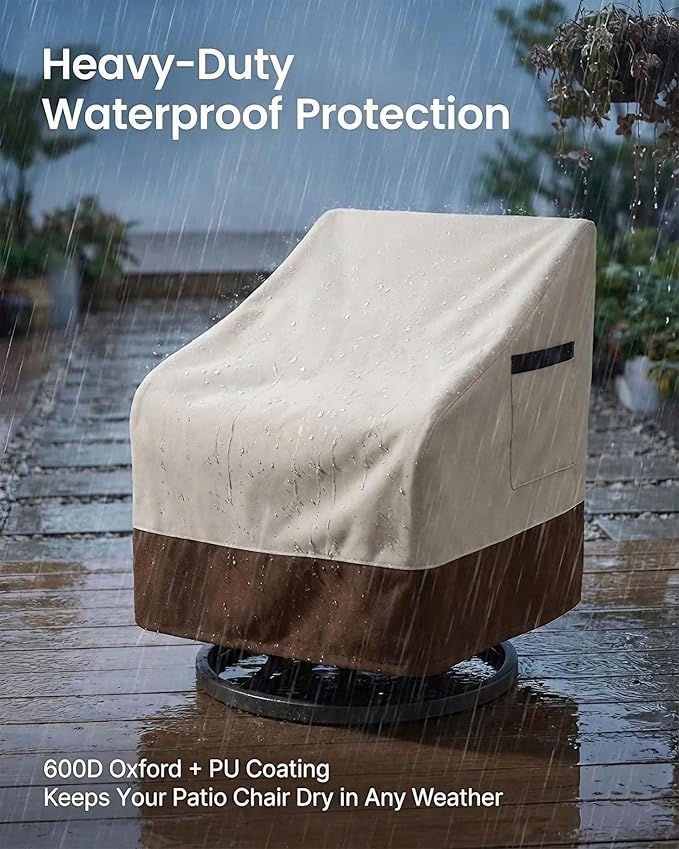 Waterproof Patio Chair Covers, Heavy Duty 600D Lawn Outdoor Furniture Covers for Swivel, Lounge, Rocking & Adirondack Chairs, All-Weather UV & Fade Resistant, 28W x 32D x 36H in, 2-Pack Beige & Brown