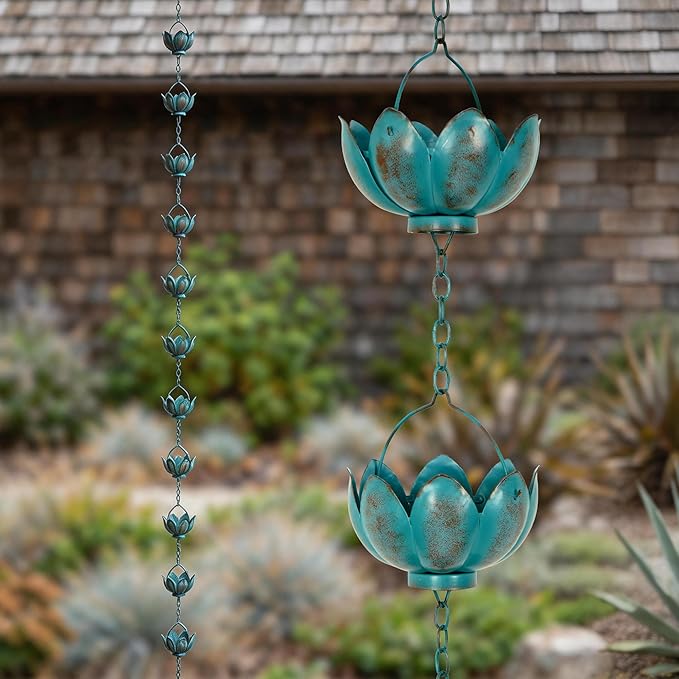 Topadorn Lotus Rain Chain for Gutters, 8.5 FT Decorative Metal Rain Chain with 12 Lotus Cups, Turquoise Patina Downspout Alternative for Garden Patio Yard Decor