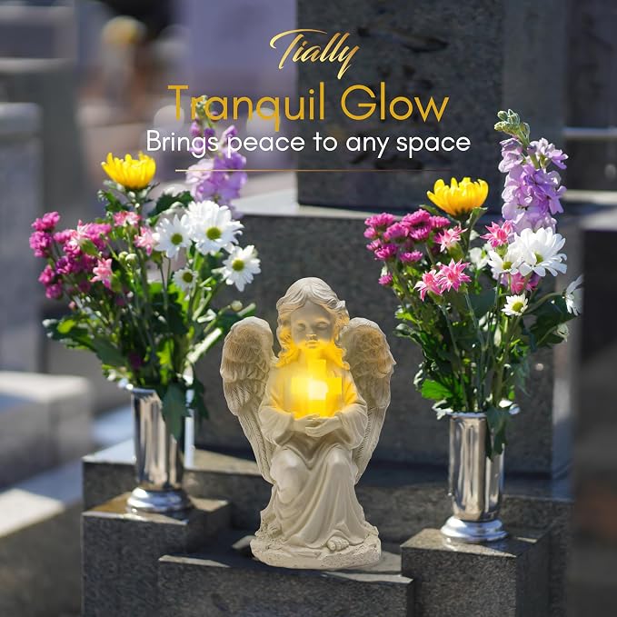 TIALLY Solar Angel Garden Statue with Glowing Cross – Large Angel Figurines with Soft Glow, Weatherproof Outdoor Statues for Memorial Decor, Yard, Lawn or Cemetery Use, Angels Gifts for Women