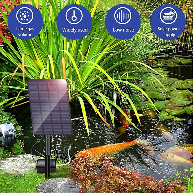Solar Fish Tank Oxygen Pump, 2W Plug-in Aquarium Oxygenator, Fishing Oxygenator Air Pump with Piped Bubble Rock for Fish Tanks, Outdoor Ponds (Single Head Direct Drive)
