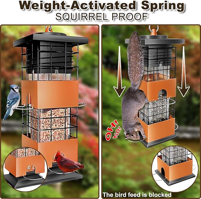 Squirrel Proof Bird Feeder for Outside, 3Lbs Metal Anti-Squirrel Bird Feeders for Outdoors, Weight-Activated Perches Hanging Wild Birdfeeder for Blue Jay, Cardinal (Brown)