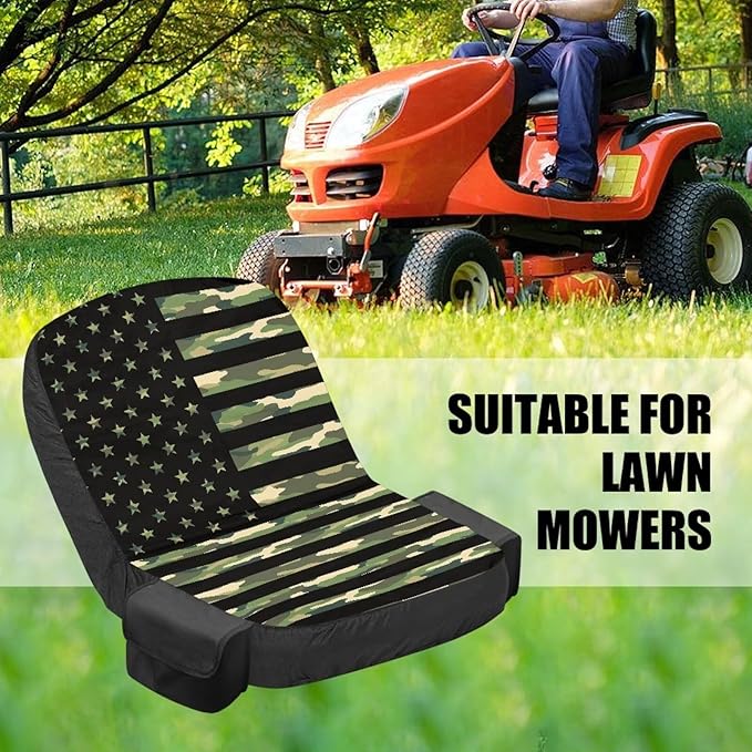 American Flag Riding Lawn Mower Seat Cover for Tractor Accessories Camo Tractor Seat Cover with Drink Pouch Compatible with John Deere Cub Cadet, for Kubota