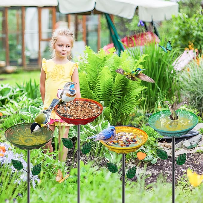 4PCS Metal Bird Bath for Outdoors with Stake, 2-in-1 Hummingbird Bird Bath & Bird Feeder, Metal Birdbath Bowl, Outdoor Bird Bath Decor for Garden Yard Lawn Backyard Patio (Datura)