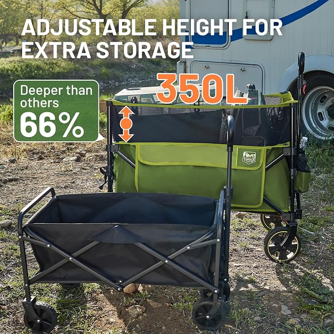 Timber Ridge Collapsible Folding Wagon 350L Extra Large with Brake, Heavy Duty Camping Utility Cart Outdoor, Extended Height Adjustable Handle, Cup Holders, Side Bag, Green