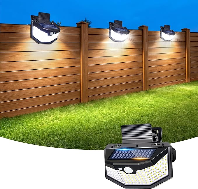 Clip on Solar Lights Outdoor with Motion Sensor, 800LM & 270° Wide Angle Solar Fence Lights Outdoor Waterproof with 115 LEDs, 3 Modes & Portable Security Lights for Chain Link Patio Deck Yard (1Pack)