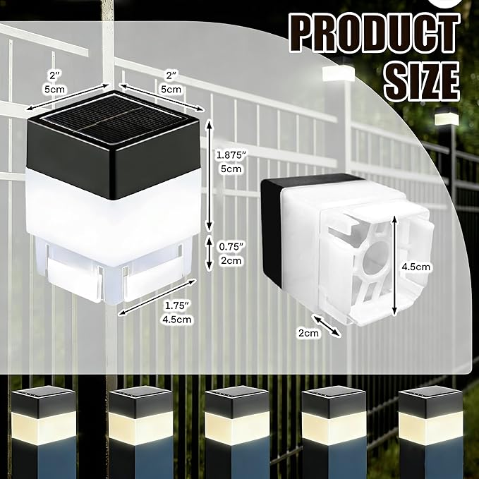 Solar LED Fence Post Cap Light 2x2 Inch (5x5cm) - for Wrought Iron, Aluminum & Garden Fences, Waterproof Outdoor Solar Lights(White Light) (4)