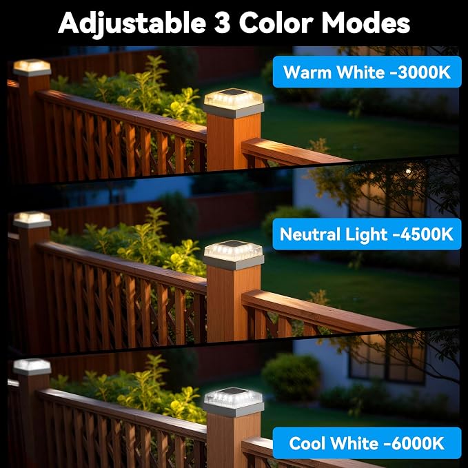 Solar Post Cap Lights, 12-Pack Fence Post Solar Lights for 4x4 Wood/Vinyl Posts, IP65 Waterproof, 10-12 Hours of Illumination with 3 Lighting Modes for Garden/Patio/Porch - Black