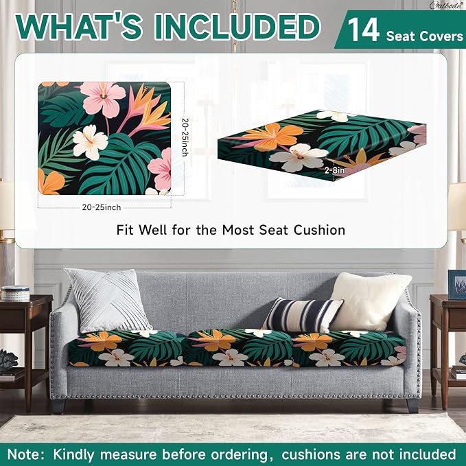 CALBODE 14 Pcs Stretch Outdoor Seat Cushion Covers, Washable Chair Seat Covers for Patio Furniture Cushions Soft Indoor and Outdoor Couch Cover Replacement (Dark Green Botanical, Cover Only)