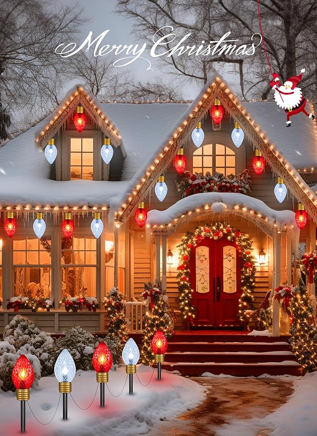 Moonflor Strawberry Jumbo C9 Christmas Pathway Lights Outdoor - 8.5FT 5 LED C9 Walkway Light, Christma Decoration Outside, Christmas Lights Outdoor for Lawn Holiday Yard, Red & Pure White