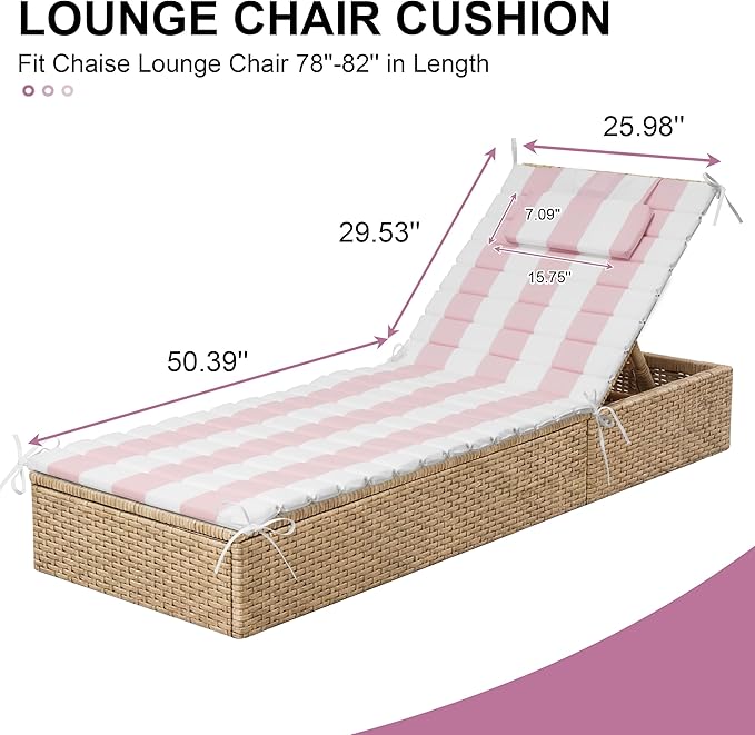 Crestlive Products Chaise Lounge Cushion Outdoor Set of 2, Waterproof Foldable Pool Lounge Chair Cushions with Straps 80''Lx26''W, Lounger Cushions for Outdoor Furniture, Patio, Pink Stripe