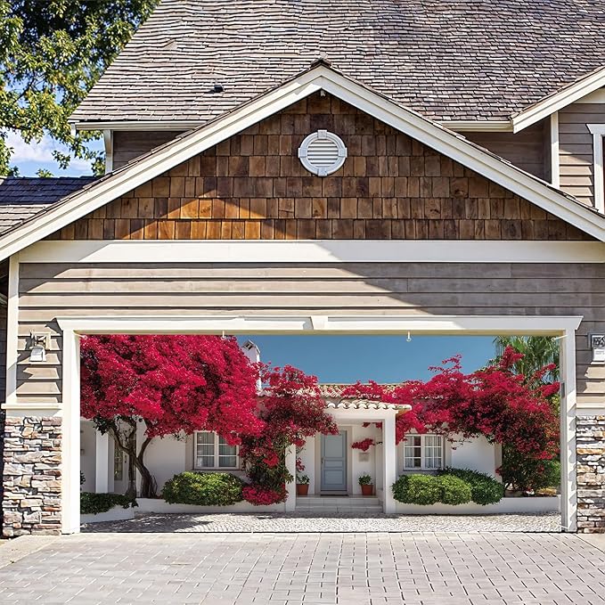 7 * 16FT Summer Garage Door Cover Decorations Sunset Palm Trees Garage Door Banner for Outdoor Indoor Summer Party Photography Backdrop (red, 6 * 13 ft)