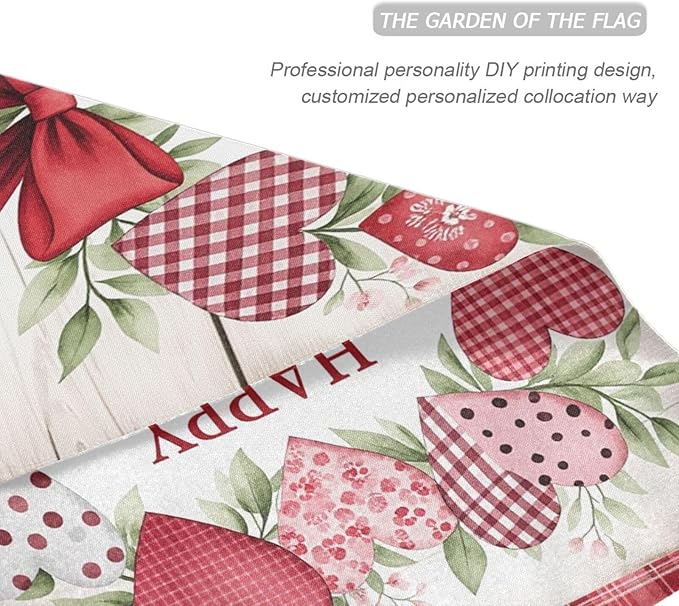 Pfrewn Valentine House Flag 28 x 40 Double Sided, Heart Wreath Wooden Garden Yard Flags Welcome Spring Outdoor Indoor Banner for Wedding Party Home Decorations