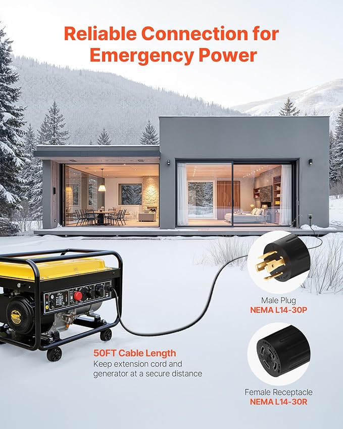 VEVOR 30 Amp Generator Cord and Power Inlet Box, 50 FT, 125/250V NEMA L14-30P to L14-30R Heavy Duty Extension Power Cord, SJTW 10 Gauge 7500W, Pre-Drilled Inlet Box, for Generator to House, ETL Listed