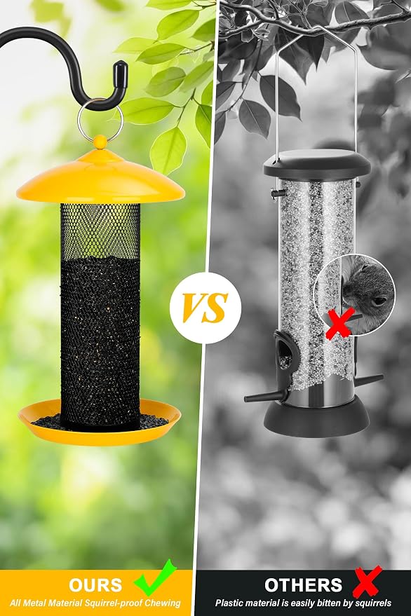 Gtongoko Finch Bird Feeders for Outdoors 2.5 LB Capacity Squirrel Proof Metal Mesh Tube Bird Feeders Thistle & Nyjer Seed Hanging Feeder, Yellow, 1 Pack