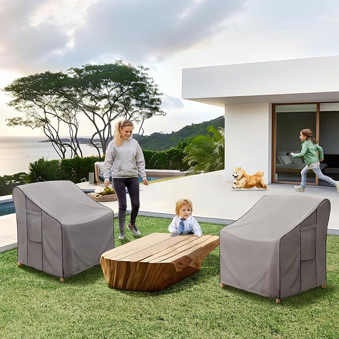 KylinLucky Deep Seat Patio Chair Covers 2-Pack 32"x37"x36" 600D, Heavy Duty Waterproof Outdoor Chair Protectors with Windproof System, Grey