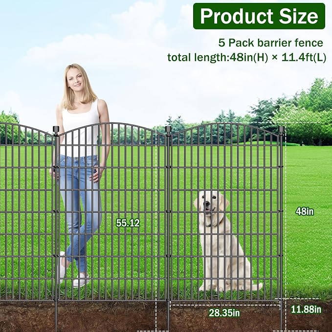 No Dig Decorative Garden Fence 5 Panels, 48 in (H) x 13 ft (L), Dog Fence Outdoor for Yard，Rustproof Metal Animal Barrier Ground Stakes Fencing for Garden, Patio, Flower Bed