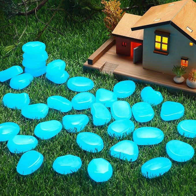 Landical 100 Pcs 1.8 Inch Large Glow in The Dark Rocks Pebbles Outdoor Fish Tank Rocks Aquarium Gravel Luminous Stones for Walkway Succulent Plant Halloween Decor (Light Blue)