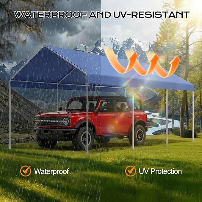 COWVIE 10 x 20 FT Carport Canopy Replacement Cover, with 46Pcs Long Ball Bungees, Waterproof Garage Top Tent Shelter Tarp, Only Top Cover