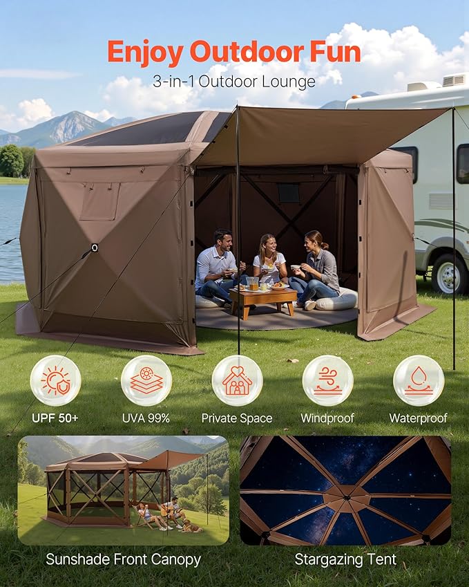 VEVOR Pop up Gazebo Screen Tent, 15 x 15 ft Large 8-Sided Camping Canopy Tent with Removable Top & Carry Bag, Quick-Set & Bite-Proof, Screen House Sun Shelter for 12-15 Persons Backyard Patio, Brown