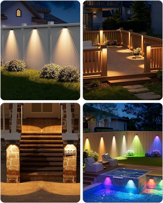VOLISUN Solar Fence Lights with Remote Control, 50 Lumen LED Fence Lights Solar Powered, IP65 Waterproof, 10 RGB Color Long-Lasting Solar Lights for Backyard Garden Deck Patio Railing (8 Pack)