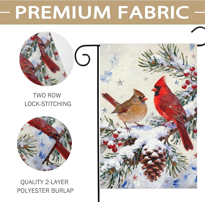 Winter Cardinal Garden Flag 12x18 Inch Pinecone Twigs Holly Berry Christmas Holiday Decorative Yard Flags for Outside Double Sided Seasonal Outdoor Home Farmhouse Decoration Porch January Decor