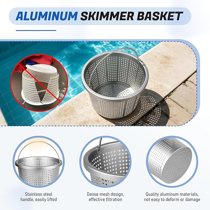 8" Inground Pool Skimmer Basket - Upgrade Aluminum Strainer Basket with Handle | for Pentair U-3, Hayward SP1070 | Direct Replacement 08650-0007 & SPX1070E Universal Filter Baskets
