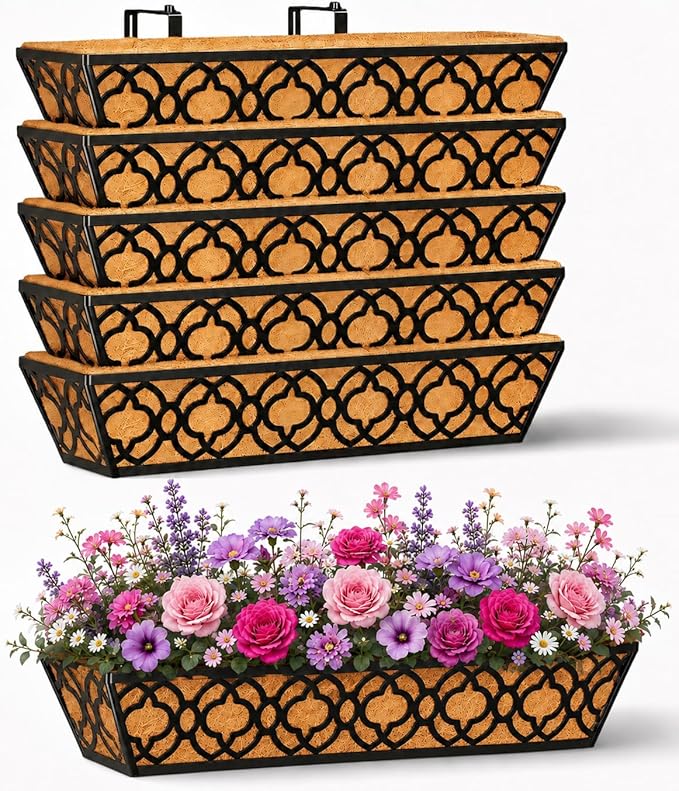 Y&M Railing Planter Boxes 24 Inch 6 Pack, Hanging Balcony Planter, Adjustable Deck Railing Planter Box, Metal Window Boxes Outdoor for Fence, Porch Flower Pots Holder