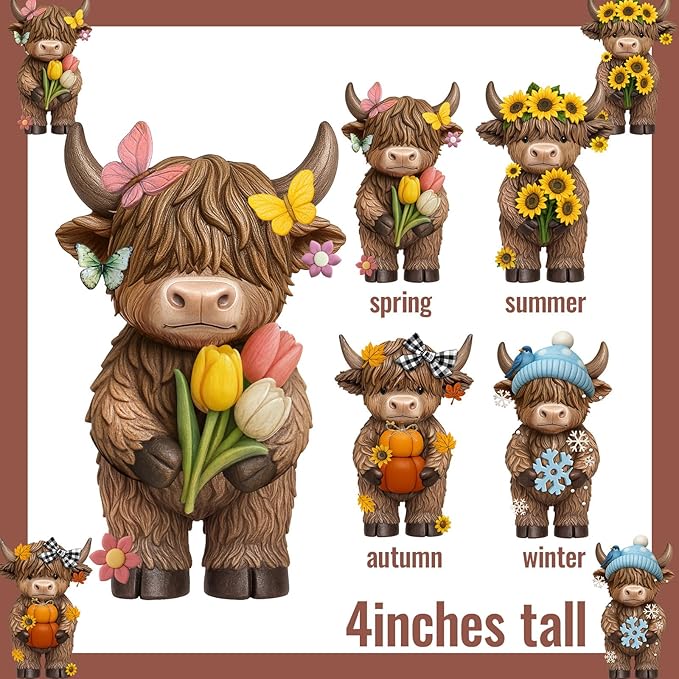 Simgoing 4 Pcs Seasonal Highland Cow Figurines, Spring Summer Fall Winter Gnomes 4 Seasons Highland Cow Home Decor Table Centerpieces Scottish Resin Statue Calf Gifts for Home Garden Kitchen Office