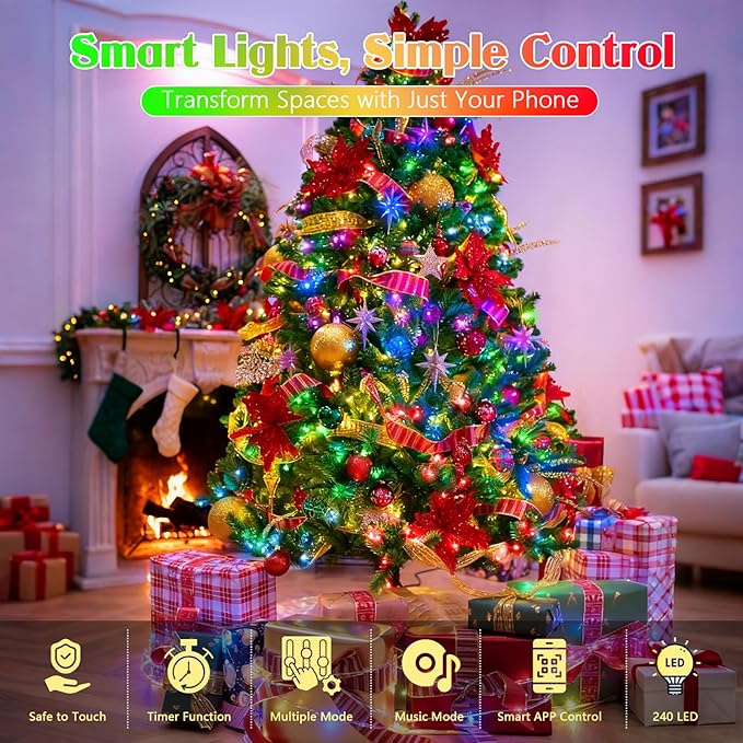 4th of July for Smart Color Changing String Lights Indoor, 88FT 240LED App Control RGB LED String Lights with Remote & Timer, Waterproof Twinkle Tree Lights Outdoor for Independence Day Decor