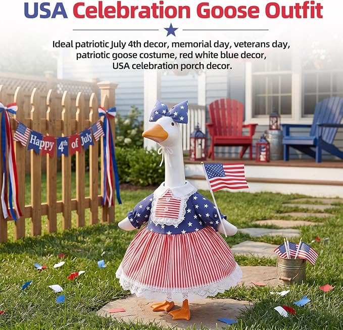 Porch Goose Outfits Clothes for 4th of July Decorations, Patriotic Red White and Blue Porch Goose Dress, 250 Anniversary USA Merchandise Lawn 23 inch Porch Goose Costume Clothing for Patio Yard