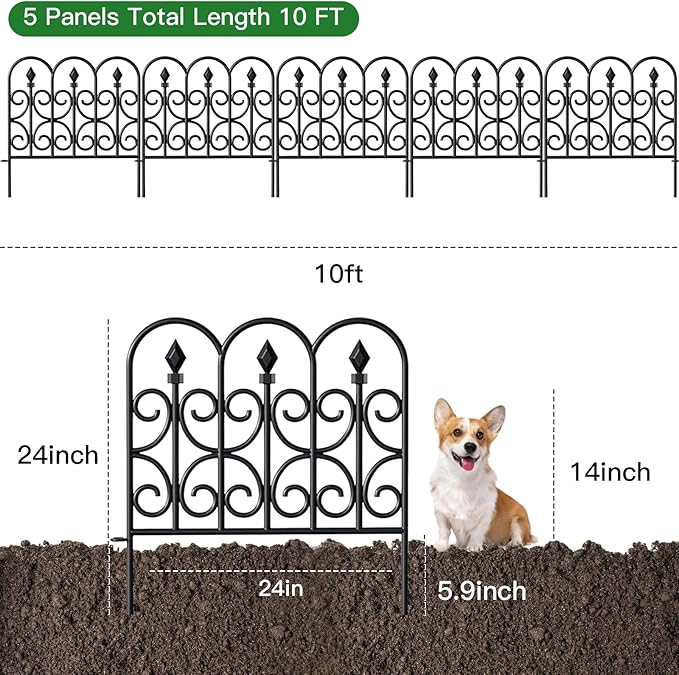 AMAGABELI GARDEN & HOME 5 Panels 24in(H)×10ft(L) Decorative Garden Fences and Borders for Dogs No Dig Metal Fence Panels Garden Edging Border Fence for Animal Barrier Fencing for Flower Beds Black
