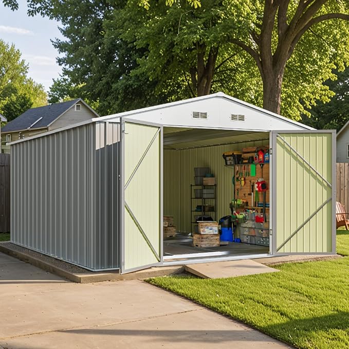 Patiowell 10 x 12 FT Outdoor Storage Shed with Floor Frame, Large Metal Shed Storage with Lockable Doors and Steel Frame, Utility Tool Outside Storage Shed for Garden, Patio, Backyard, Gray