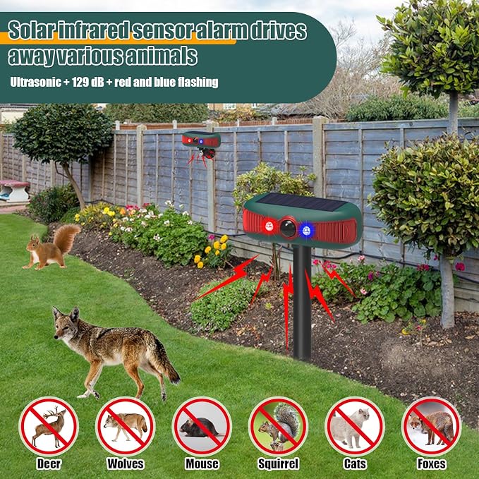 Qualirey 6 Pcs Solar Outdoor Alarm Motion Sensor 129dB Security Siren Sound Detector Strobe Light, 4 Modes Animal Deterrent Dog Barking Waterproof Alarm for Home, Farm (Voice Model,Red)