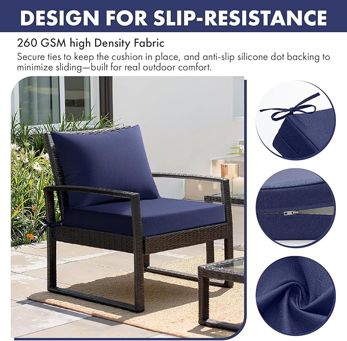 MIULEE Navy Outdoor Seat Cushion Set 24x24 Inch Linen Textured Waterproof & 3 Year Color Fastness Seat and Back Cushion with Ties No Slip Design for Patio Furniture Chair Sofa Couch