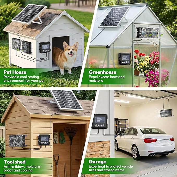 INNOLAND Solar Fan for Chicken Coop & Greenhouse, 25W Solar Powered Exhaust Fan with 7500mAh Battery, Smart 3 Modes with Motion Sensor, IP65 Waterproof Ventilation Kit for Shed | Dog House | Workshop