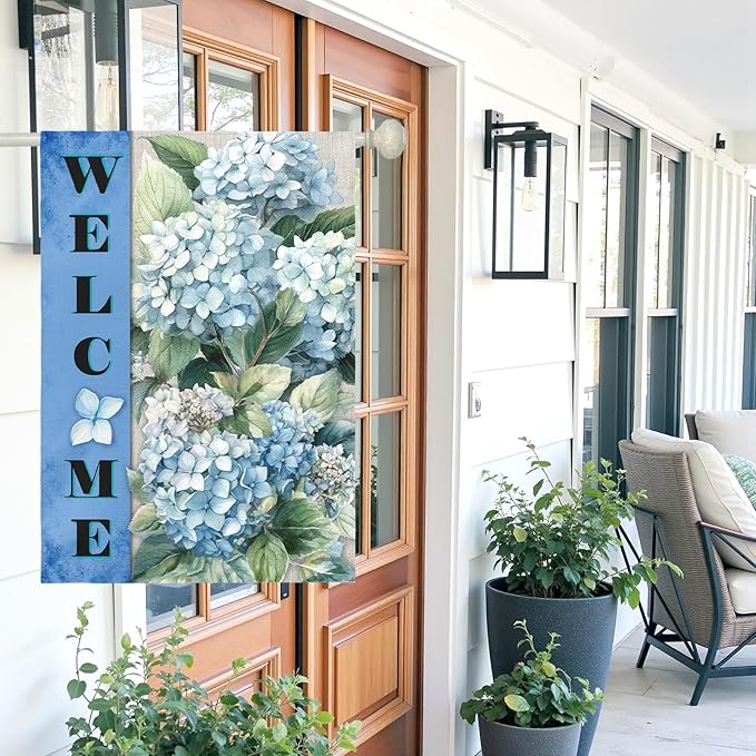 Hydrangea Garden Flags Welcome Spring Summer House Banners Blue Floral Oversized Yard Flag for Outside Double Side Purple Hydrangeas Flowers Rustic Banner Decor Large Size 28 x 40 Inch