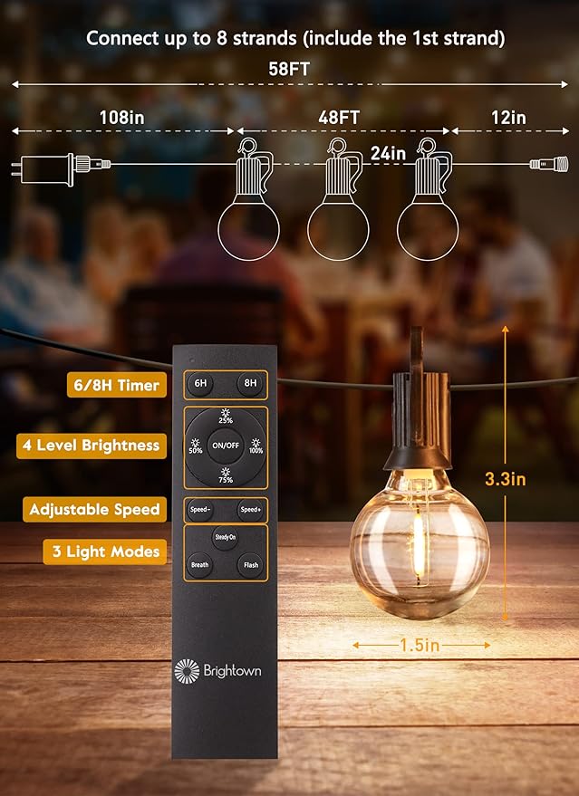 Brightown Outdoor String Lights, 58FT 25 Shatterproof LED Bulbs with Remote and Zip Ties, Waterproof Dimmable Patio Hanging Lamps for Porch, Balcony, Bistro, Cafe, Deck, Backyard