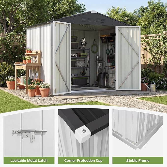 Patiowell 8x6 FT Outdoor Storage Shed with Floor Frame, Metal Garden Patio Sheds with Sloping Roof and Lockable Door, Waterproof Steel Tool Shed for Backyard Garden Lawn, White