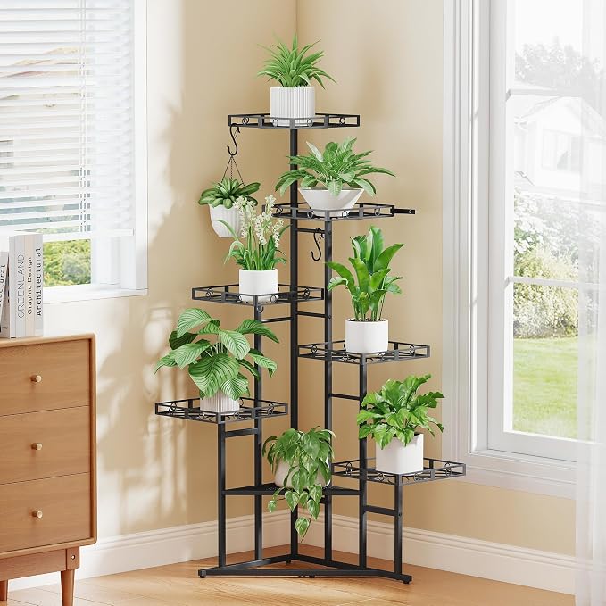 Quikraen 46" Tall Plant Stand Indoor,Multiple Tiers Corner Plant Shelf for Corner,7-Tier Large Metal Flower Holder, Plant Rack for Home Decor, Patio (Black)