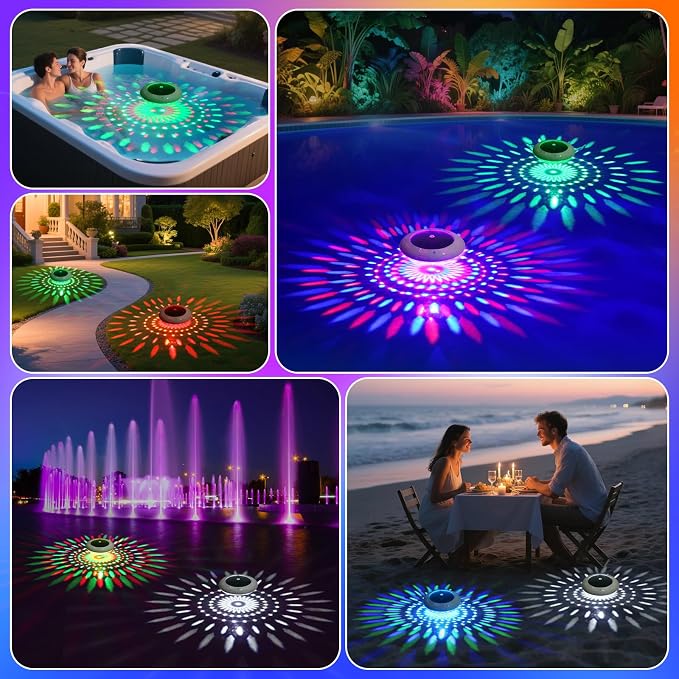 Floating Pool Lights w/Remote, 6.5 Inch RGB Solar Pool Lights that Float with 9 Dynamic Lighting, IP68 Waterproof Pool Floating Light, Hangable Solar Floating Light for Pools Party Garden(4)
