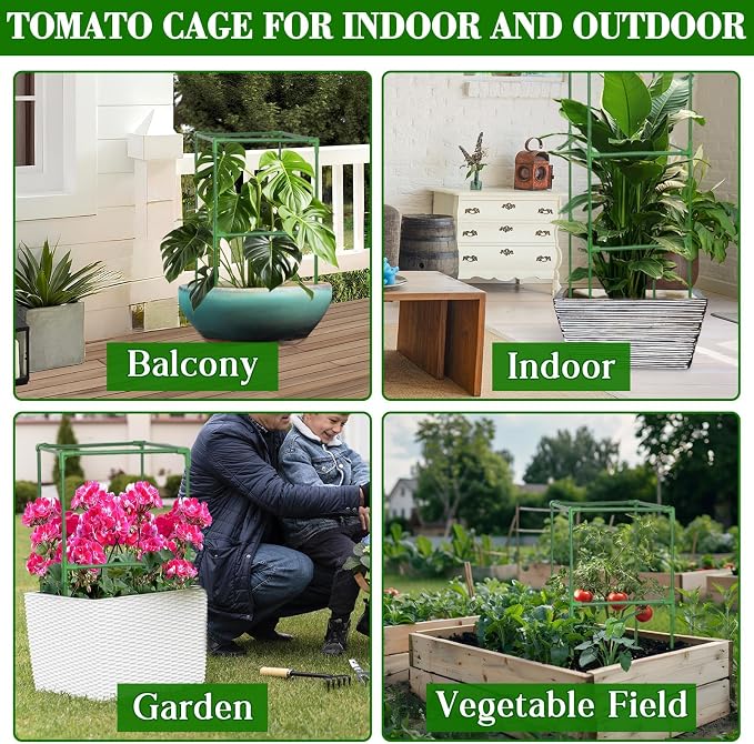 ZeeDix 45 Inch Tomato Cages 4 Pack, Heavy Duty Adjustable Metal Garden Plant Supports for Climbing Vegetables - Square Cage for Tomatoes, Cucumbers, Peas, Flowers with 40 Plant Clips
