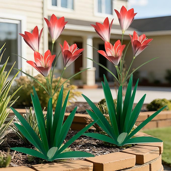 TOMBABY 32.28 Inch Metal Agave Plant Outdoor Decoration Lily Mexican Yard Art Garden Gift Home Decor Hand Painted Metal Agave Garden Yard Statue (2pc, Green)