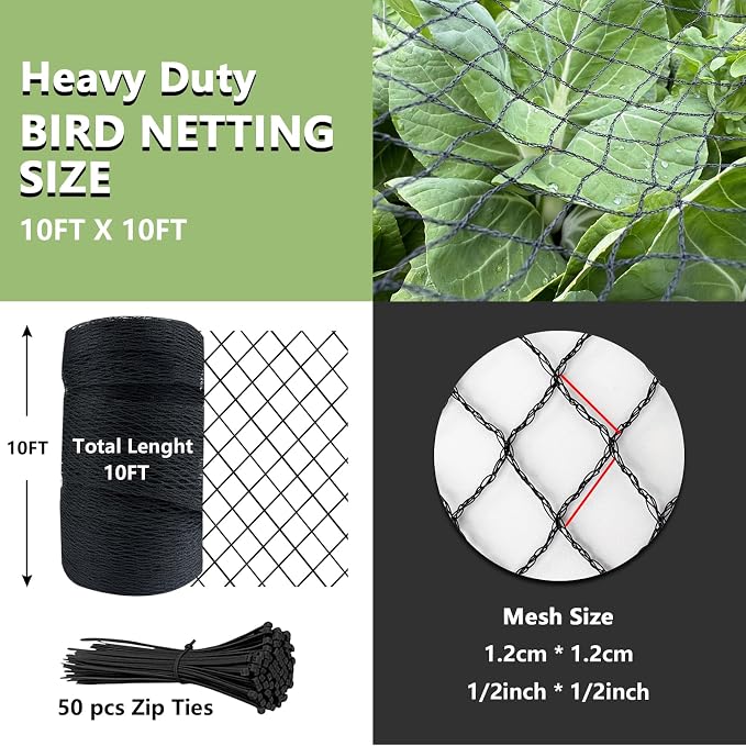 Bird Netting for Garden 10 x 10 FT Heavy Duty Black Garden Netting for Fruit Trees, Chicken Coop, Pond, Blueberry Bushes, Poultry & Deer Netting, HDPE Plant Protection Net Fence with Ties