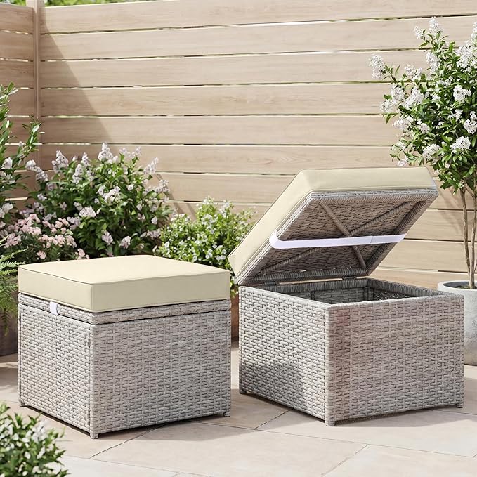 DoubleFill 2 Pcs Outdoor Ottoman Cushion 23"x19"x3" Waterproof Fade Resistant Outdoor Footstools Cushion Removable Patio Ottoman Cushions with Adjustable Fixing Strap for Stool (Beige)